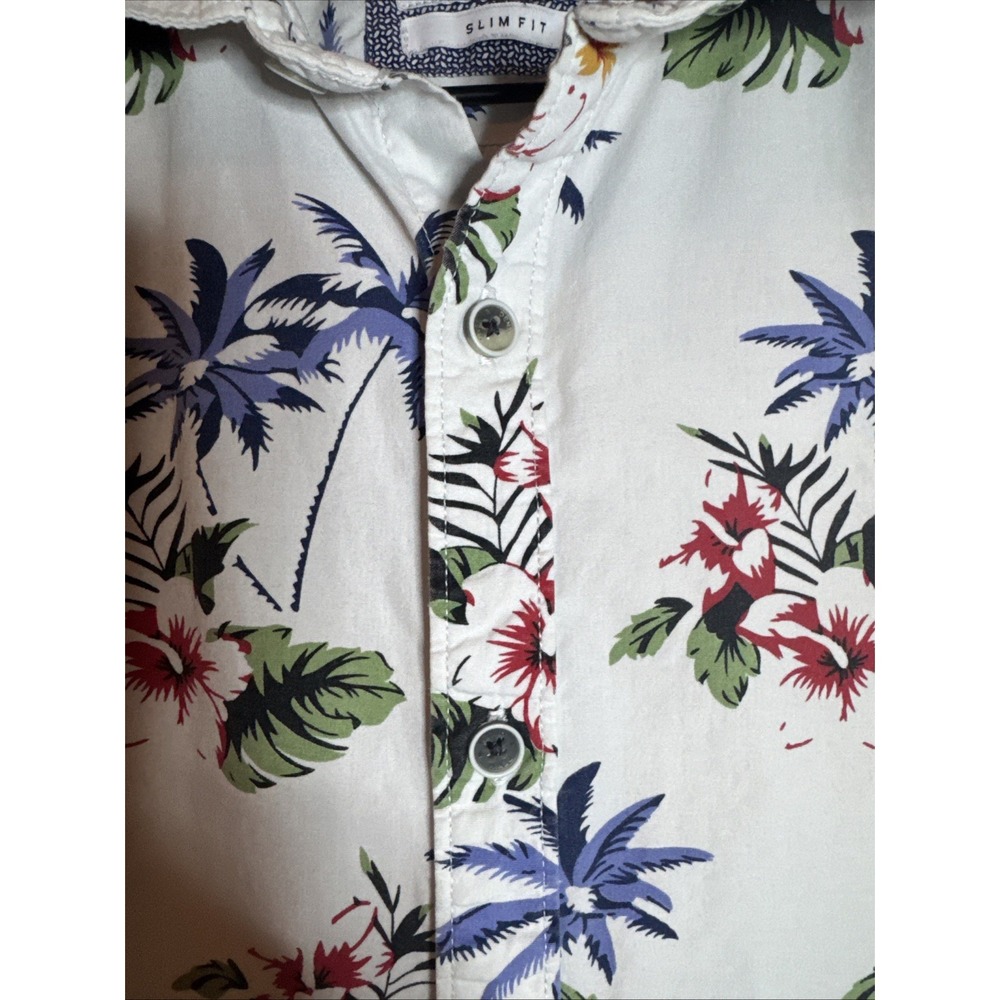 Men's Denim & Flower Short Sleeve Floral Button-Up Cotton Shirt Medium -Slim Fit - Picture 5 of 14